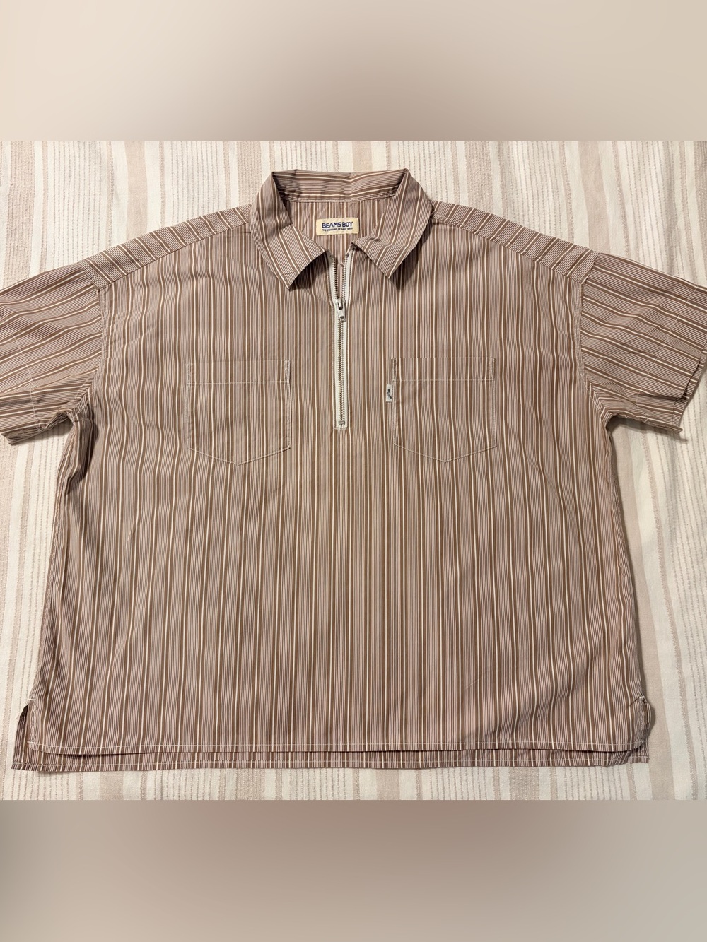 BEAMS BOY Japanese Streetwear Beige Striped Half-Zip Work Shirt One Size / S
